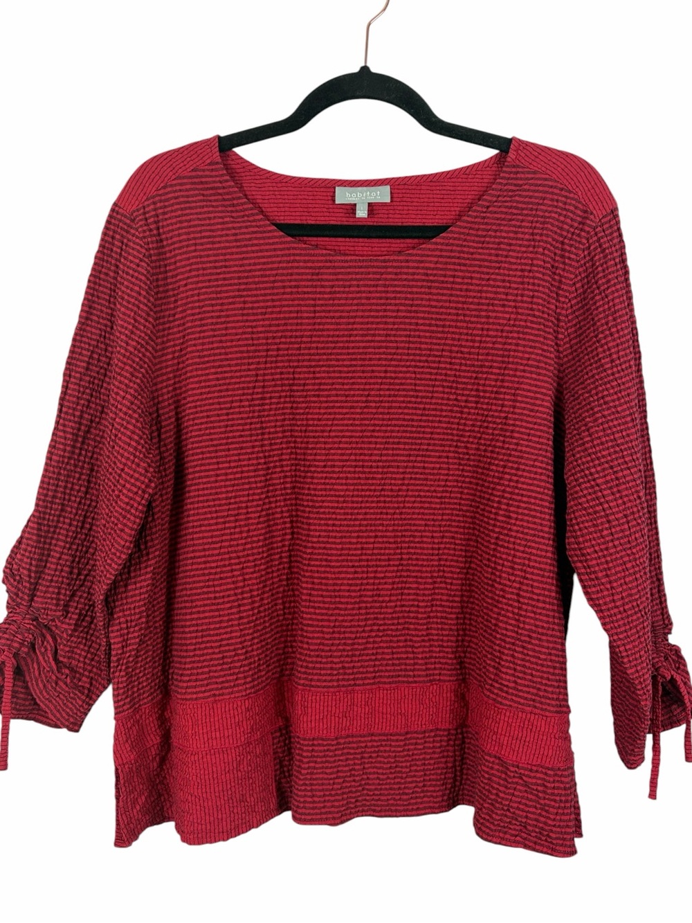 Habitat Red Black Stripe Tunic Top Large Ruched Sleeve Cotton Blend Artsy
